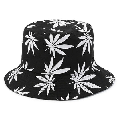 Unisex Double-sided Versatile Travel Sun Hats Fashionable Printed Flowerpot Hats Maple Leaf Fisherman Hat Black Color Simple Hat