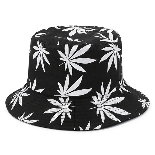 Unisex Double-sided Versatile Travel Sun Hats Fashionable Printed Flowerpot Hats Maple Leaf Fisherman Hat Black Color Simple Hat