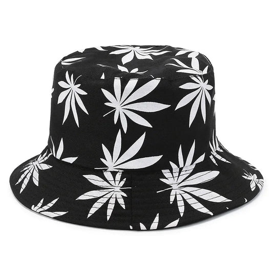 Unisex Double-sided Versatile Travel Sun Hats Fashionable Printed Flowerpot Hats Maple Leaf Fisherman Hat Black Color Simple Hat