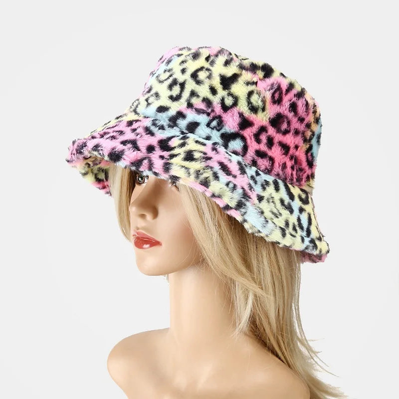 Winter Bucket Hat Women's Fashion Leopard Panama Warm Bucket Hats