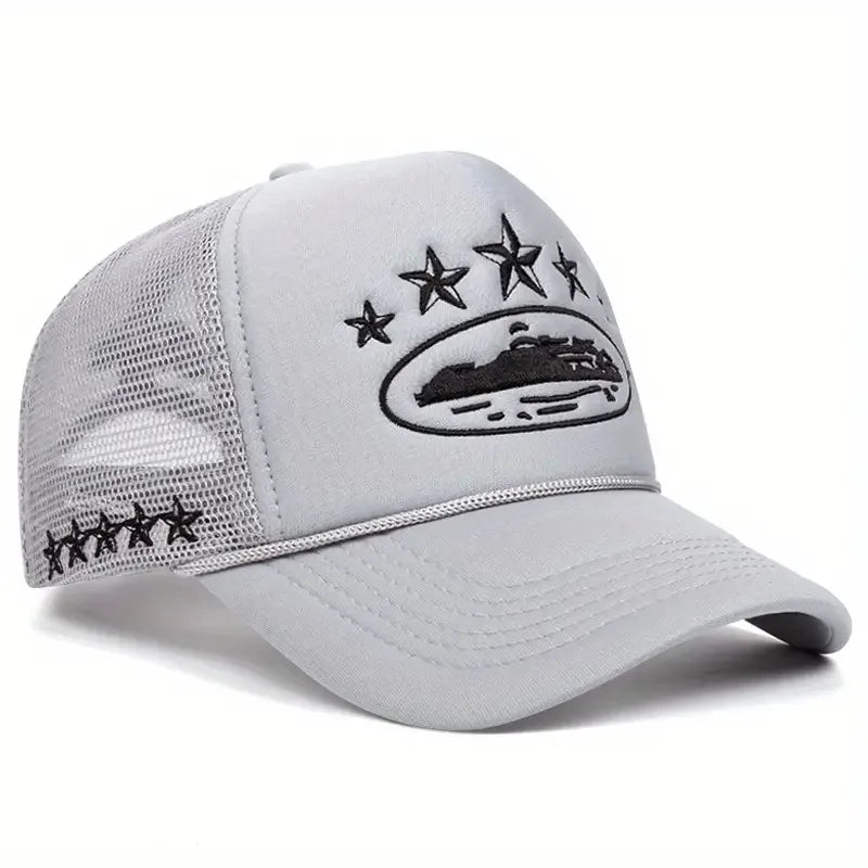 Street Style Star Ship Embroidered Breathable Mesh Trucker Hat