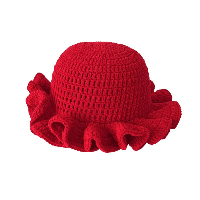 New Colorful Crochet Ruffle Brim Knit Bucket Hats