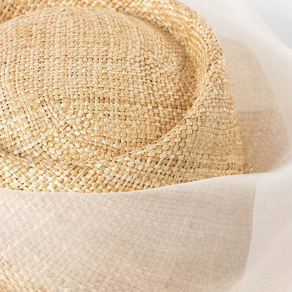 Vintage Veil Straw Boater Hat Women Bridal Inspired Flat Top Sun Hat