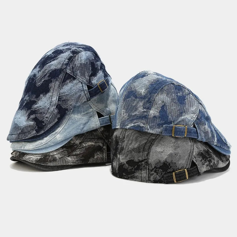 Vintage Tie Dye Washed Denim Flat Cap