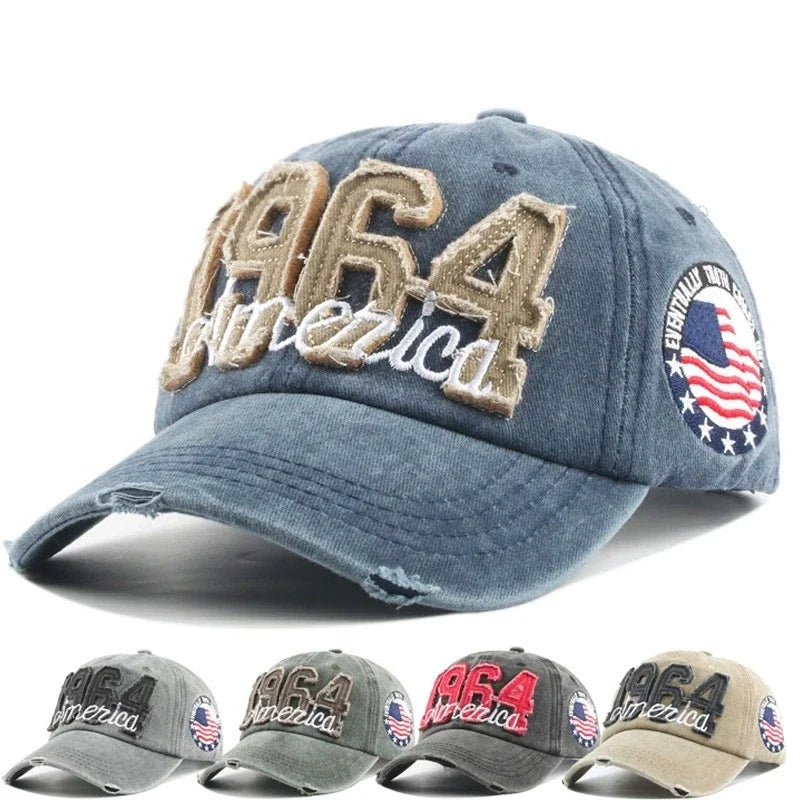 Unisex All Seasons Fashionable Washed Retro Retro Letter 1964 America Baseball Cap