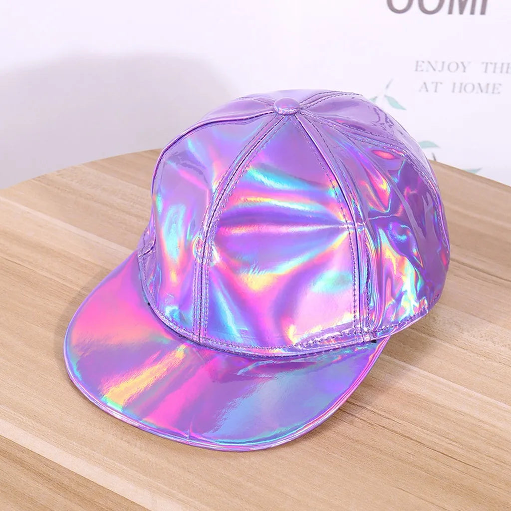 Adjustable Shiny Hat Breathable Holographic Pu Leather Baseball Cap