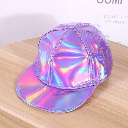 Adjustable Shiny Hat Breathable Holographic Pu Leather Baseball Cap