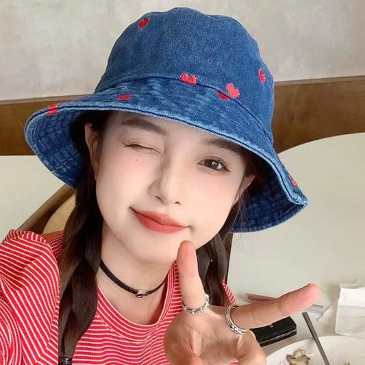 Summer Denim Bucket Hat UV Protection Wide Brim Sun Cap