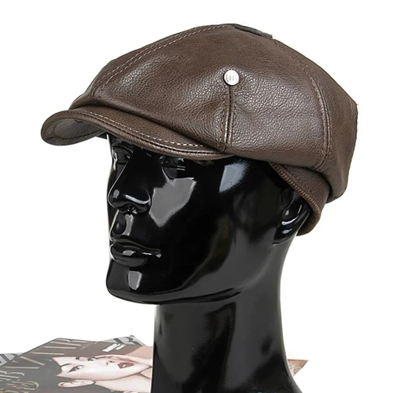2025 Retro Men's Outdoor Leather Hat Winter Berets Male Warm Cap