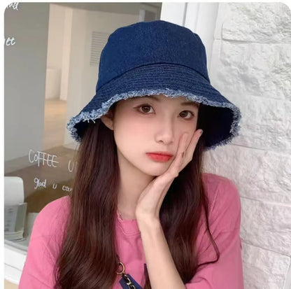New Summer Washed Denim Blue Bucket Hat For Women