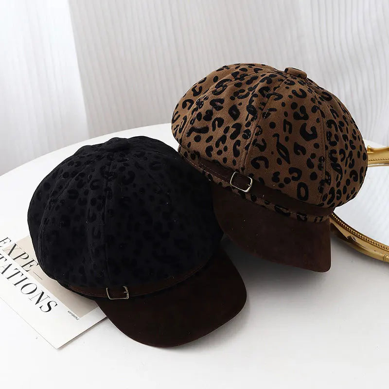 Retro Leopard Print Wide Brim Beret Vintage Painter Cap Hats