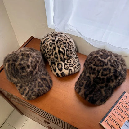 Leopard Print Baseball Cap Women Plush Faux Fur Keep Warm Winter
