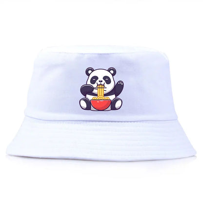 Panda Eating Noodles Pattern Reversible Bucket Hat Summer Outdoor Panama Fishing Cap