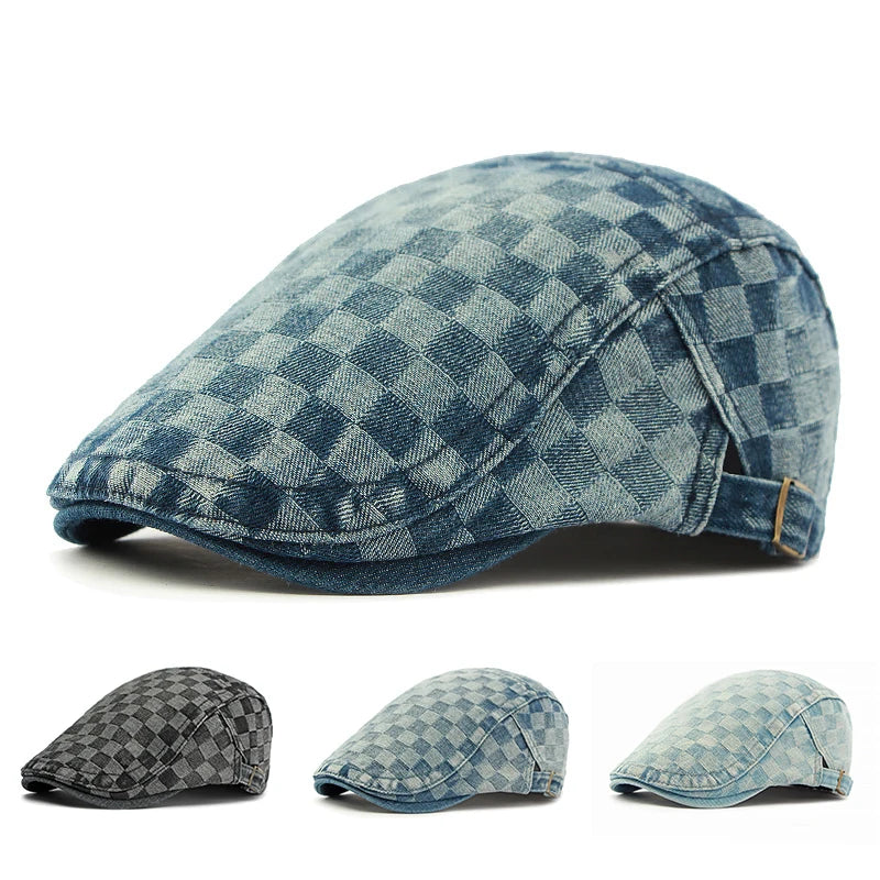 Plaid Berets Hat Men And Women Washed Denim Visors