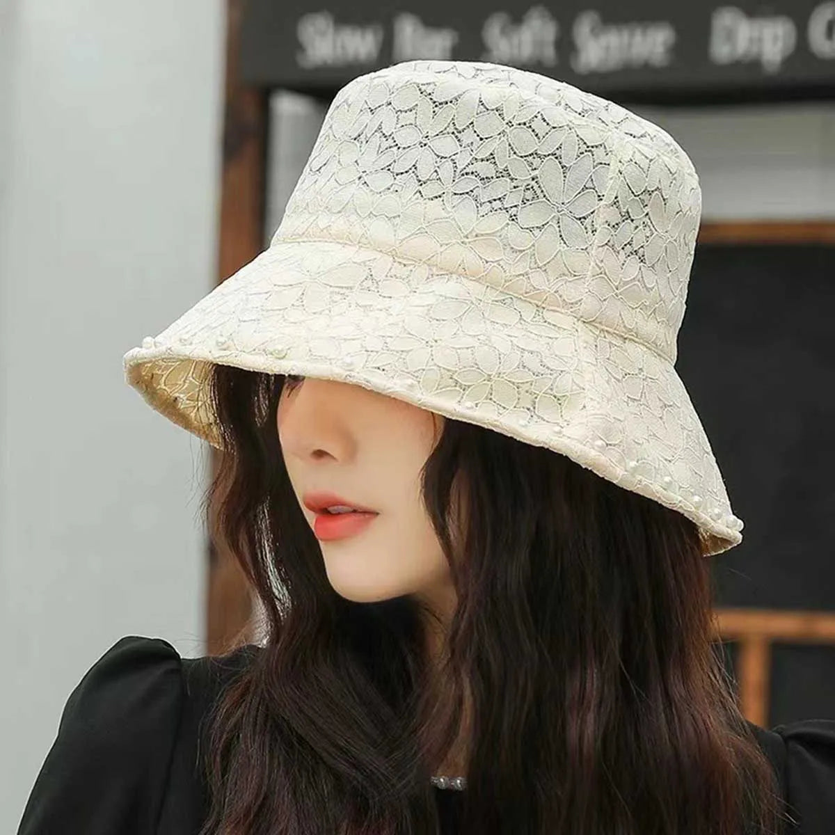 Lace Fisherman's Hat Temperament Pearl Bucket Hat Sunscreen Hat Female Show Face