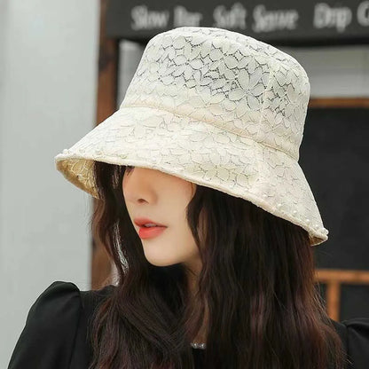Lace Fisherman's Hat Temperament Pearl Bucket Hat Sunscreen Hat Female Show Face