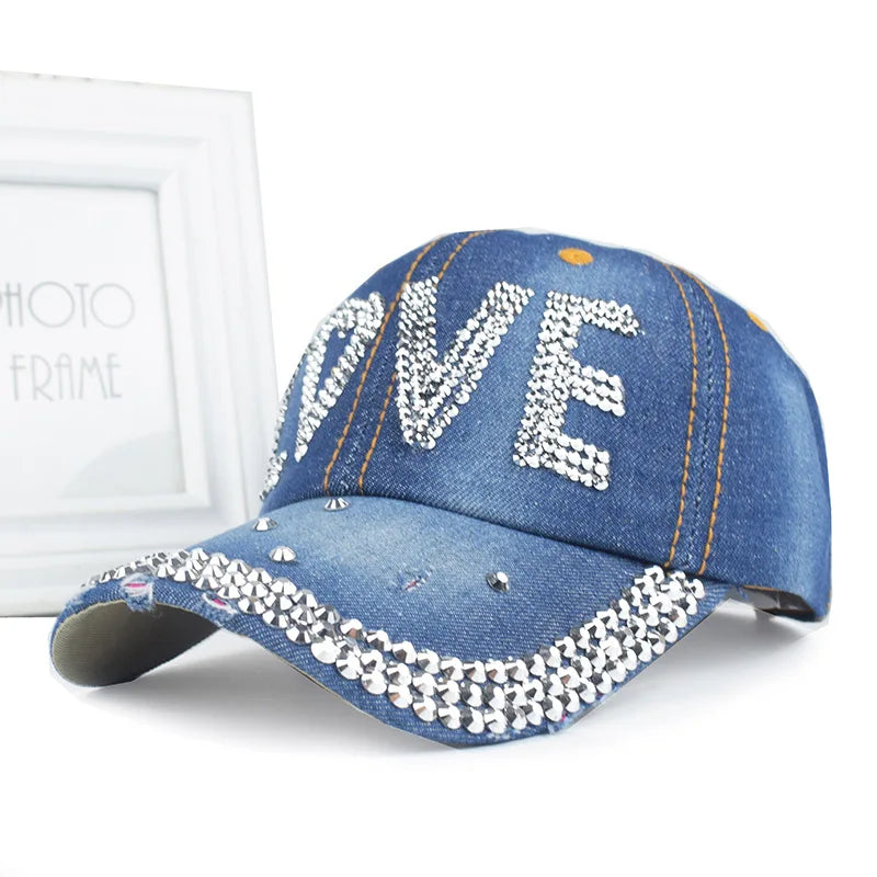New Women Washed Denim Rhinestone Crown Baseball Cap