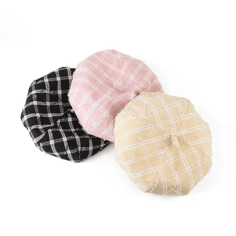 Korean Fashion Plaid Women's Berets Spring Autumn Octagonal Painter Cap