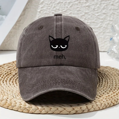 Cartoon Black Cat Print Vintage Washed Baseball Cap