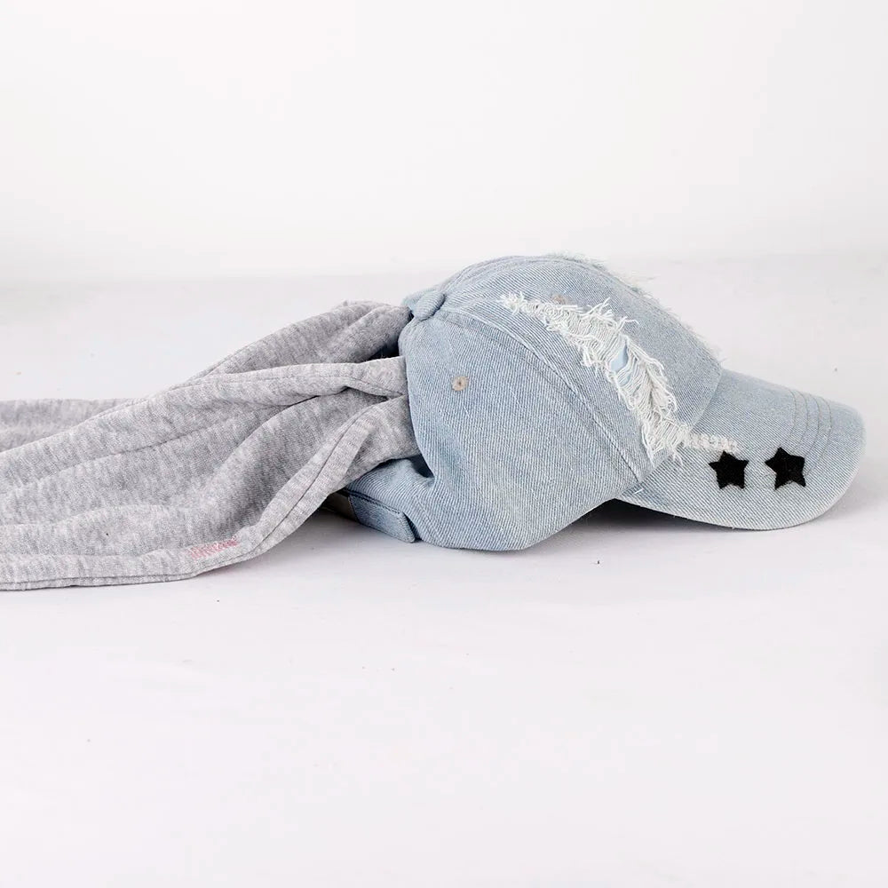 New MinJi Haerin Omg Stage Long Rabbit Ear Hat Y2k Style Denim Blue Baseball Cap