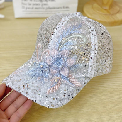 Fresh And Sweet Summer Lightweight Lace Sequin Flower Baseball Cap
