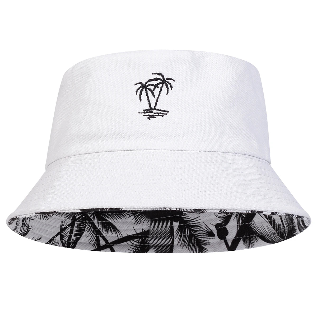 Unisex Coconut Tree Embroidery Double Sided Wearing Bucket Hats Fishermen Caps Outdoor Casual Cap Sunscreen Hat