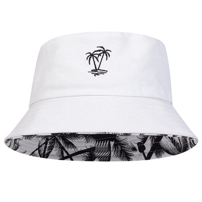 Unisex Coconut Tree Embroidery Double Sided Wearing Bucket Hats Fishermen Caps Outdoor Casual Cap Sunscreen Hat
