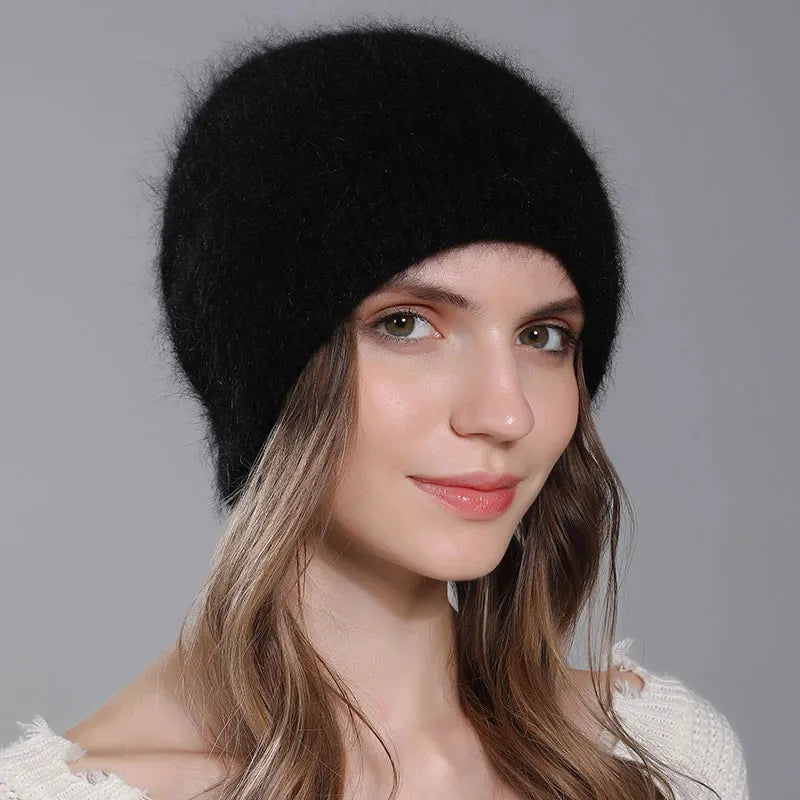 Women Winter Warm Fashion With Diamond Flower Beanies Knitted Angora Long Rabbit Fur Hats