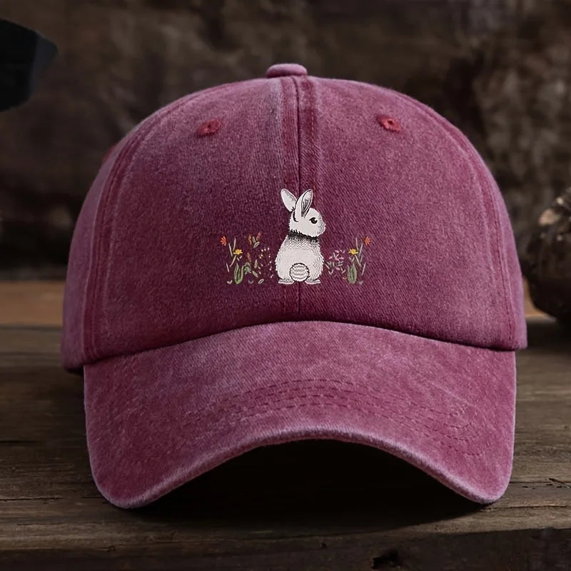 Baseball Cap Cute Rabbit Floral Print Lightweight Textile Fabric