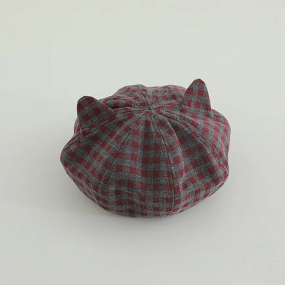 Cute Cats Ears Beret Japanese Children Octagonal Hat Fashion Plaid Kids Pumpkin Hats