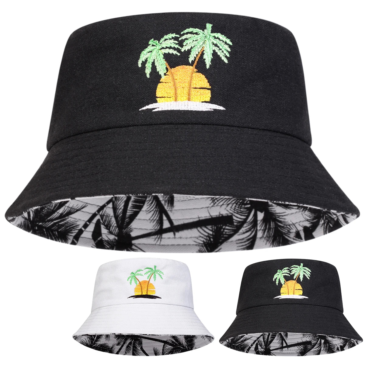 Unisex Sunset Coconut Tree Panama Fisherman Hat for Men Women Bucket Hat