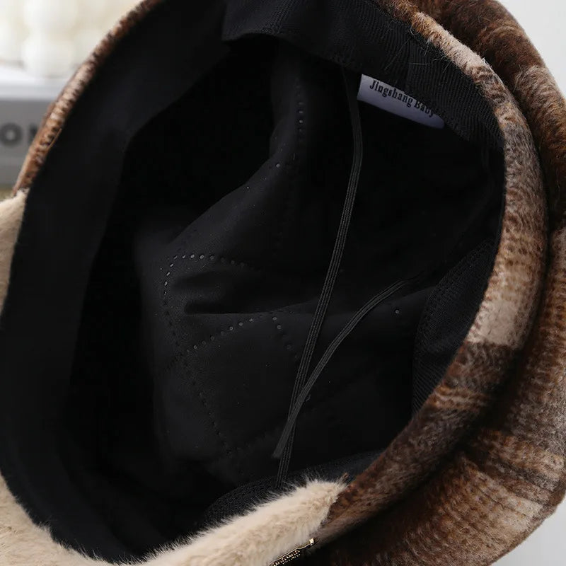 Vintage Plaid Octagonal Beret Women Autumn Winter Hats