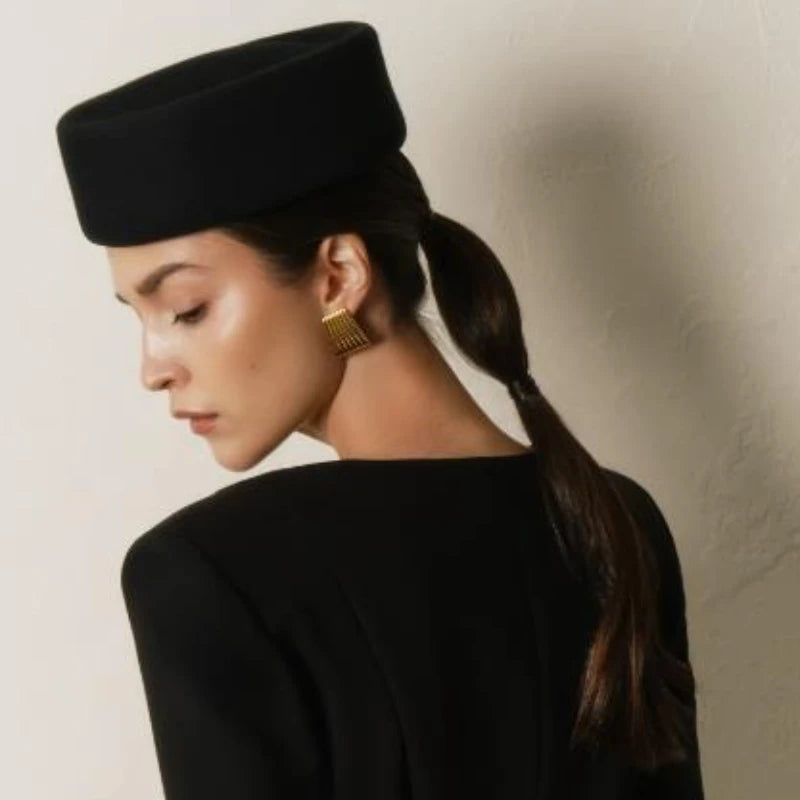Women Wool Felt Berets Hat Vintage Hard Top Concave Top Fedoras Hats