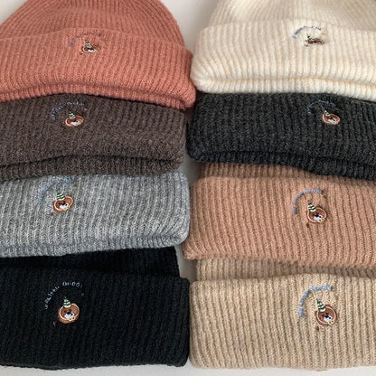 ‌2025 New Autumn Winter Bear Embroidery Windproof Pullover Beanie Hat