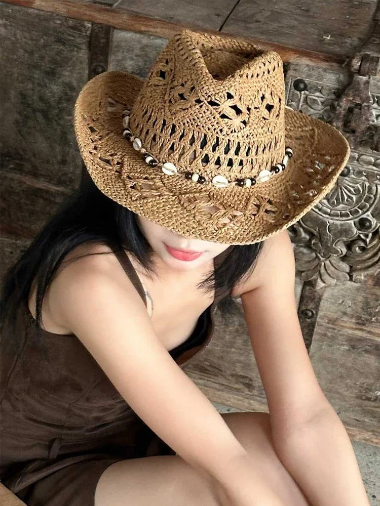 Summer Bohemian Shell Straw Hat Beach Women Men Cowboy Hats