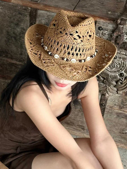 Summer Bohemian Shell Straw Hat Beach Women Men Cowboy Hats