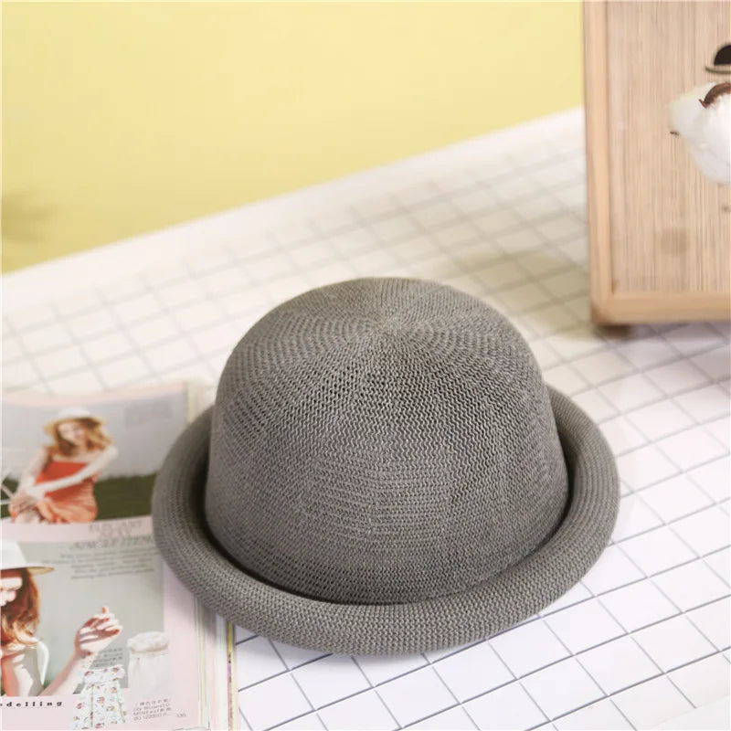 Women Straw Hat Spring Summer New Roll Brim Round Top Korean Style