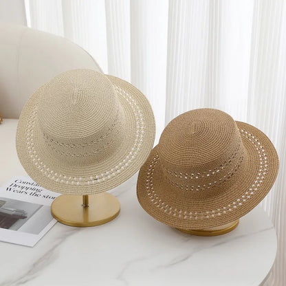Woven Flat-Top Straw Hat For Women Summer