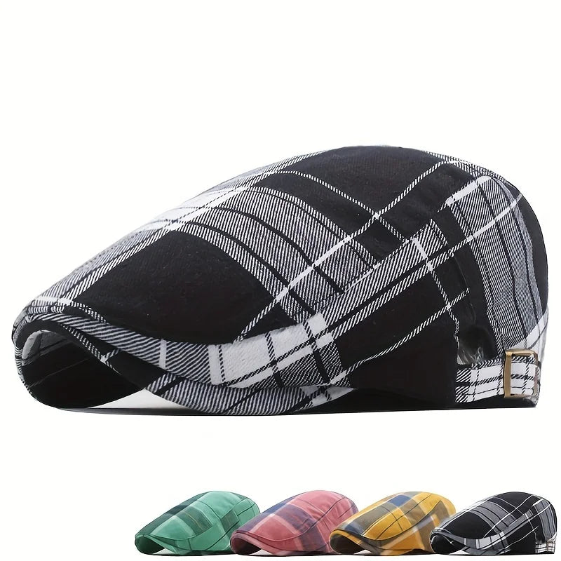 Men's Plaid Pattern Flat Cap Newsboy Hat Women Beret