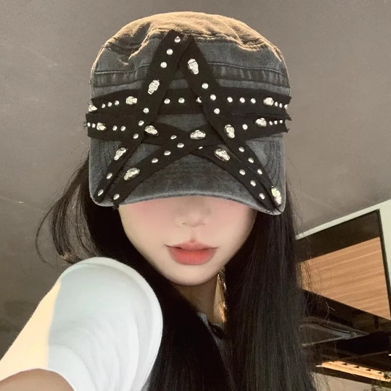 Women's New Hats Sweet Cool Style Five Pointed Star Washed Denim Cap