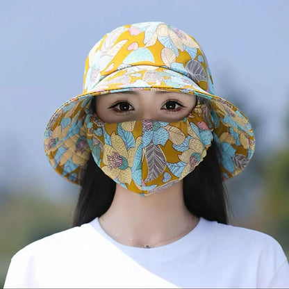 Women Fisherman Hat Floral Print Face Shading Foldable Sunscreen Cap for Summer