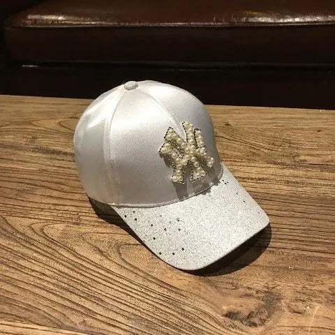 2026 New Luxury Y2K Glitter Baseball Cap – Pearl NY Logo Satin Snapback