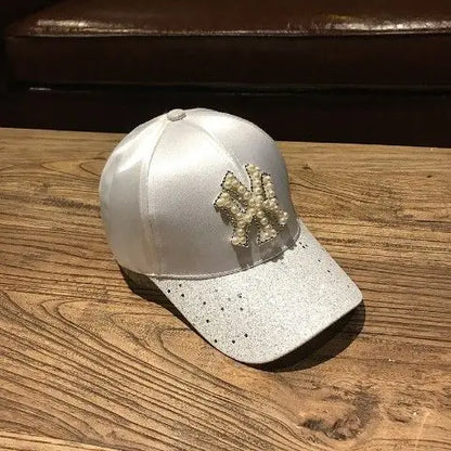 2026 New Luxury Y2K Glitter Baseball Cap – Pearl NY Logo Satin Snapback