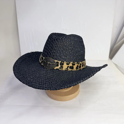 Y2K Leopard Band Straw Cowboy Hat, Retro Western Wide Brim Sun Hat