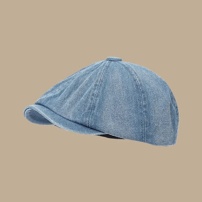 Vintage Washed Denim Newsboy Cap Versatile Short Brim Flat Peaked Hat