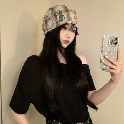 Women's Retro Checked Distressed Beanie