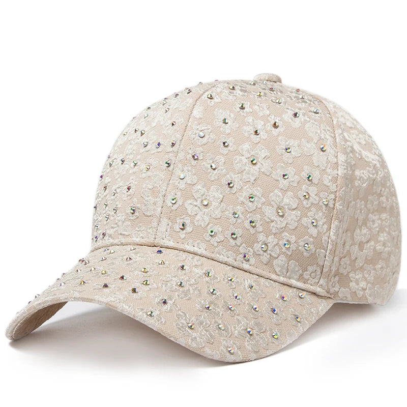 Summer Women Rhinestone Baseball Cap Flower Embroidery Hats