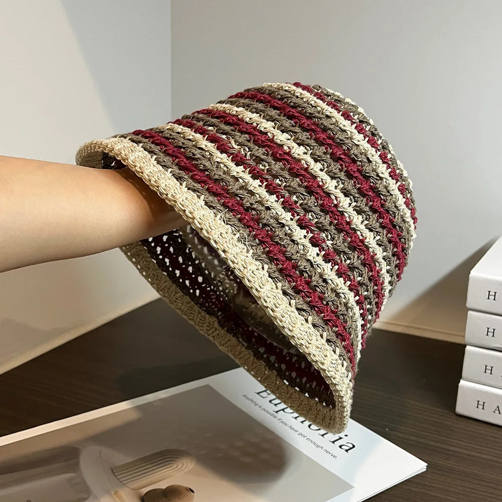 Women Summer Bucket Hat Hollow Out Knitted Fisherman Caps