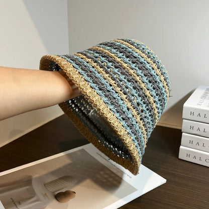 Women Summer Bucket Hat Hollow Out Knitted Fisherman Caps