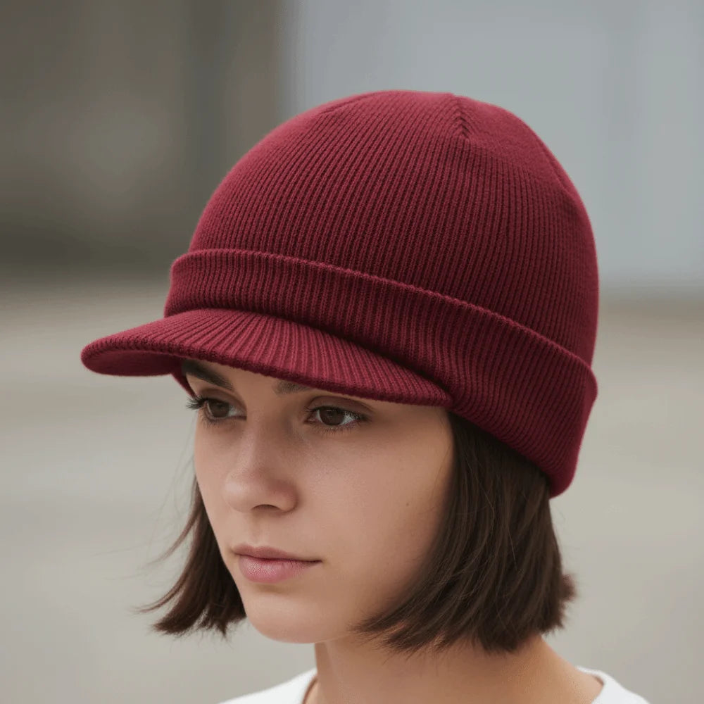 Solid Color Short Brim Beanie Cap Therma Soft Add Plush Lined Hat Outdoor